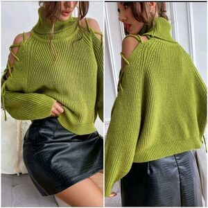 Turtleneck Cold Shoulder Lace Up Side Sweater